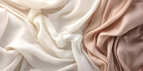 delicate creamy color satin fabric with soft folds, textile background - obrazy, fototapety, plakaty