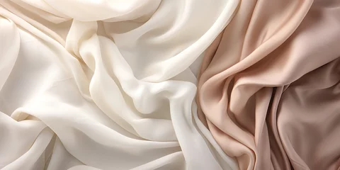 Fototapeten delicate creamy color satin fabric with soft folds, textile background © aninna