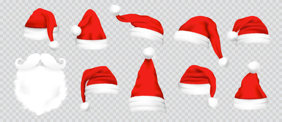 Realistic set of red santa hats. New Year red hat. - stock vector - obrazy, fototapety, plakaty