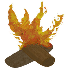 A bonfire made with firewood is burning.

