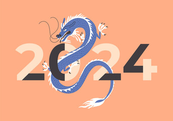 Year of Dragon. Chinese zodiac symbol. Abstract vector illustration blue dragon. Happy new year 2024. Asian monster animal with long tail on isolated background. Card template, poster, design element
