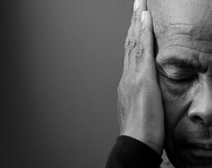 suffering from deafness and hearing loss on grey black background with people stock image stock...