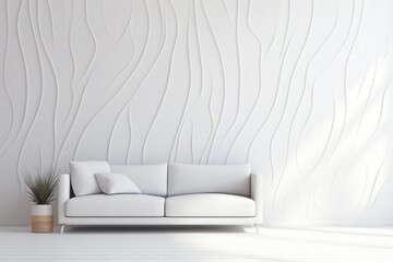 Wavy wall in a room with a flower shaped vase, in the style of monochromatic depth, showcasing a pristine white minimalistic