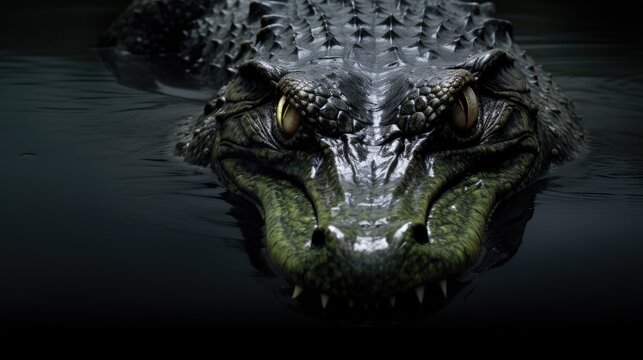  a close up of a crocodile's head in the water with it's eyes open and it's head partially submerged in the water.  generative ai