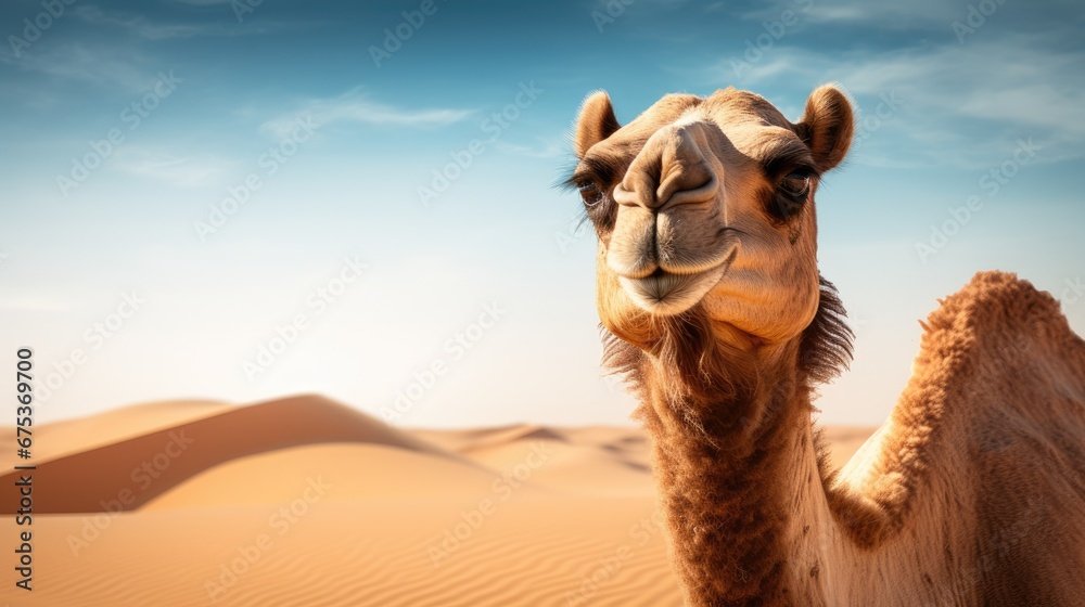 Poster a camel standing in the middle of a desert with sand dunes in the background and a blue sky with wis