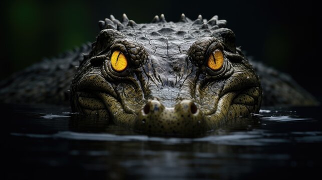  a close up of a crocodile's head in the water with its eyes open and it's head partially submerged in water.  generative ai
