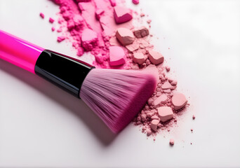 Obraz na płótnie Canvas Make-up brush with crushed pink eyeshadow Close-up of crushed blush on white background. AI Generative