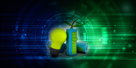 Naklejka premium 3d rendering green energy battery with CFL bulb