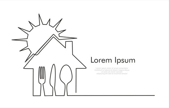 Continuous jne line of Dining house. Business and Service. Food Center, Food Court, Cafeteria Service, Canteen or Restaurant Sign. Spoon, knife and fork one line vector icon.
