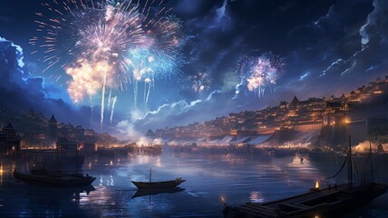 a silver fireworks bursting in dazzling bursts of sparks, reflecting the brilliance of moonlight on water, embodying the magic of nighttime festivities.