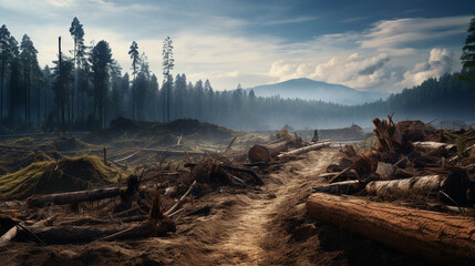 Obraz premium Deforestation: Chopped down trees - created with generative AI