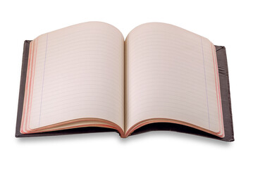 Antique open notebook with lines on old pages, isolated