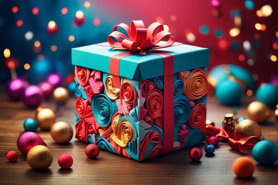 Very colorful and vibrant Christmas gift box occupying the center of the image