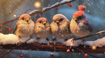 Four cute little birds on a branch on a snowy day, bedtime story, Christmas greetings.
