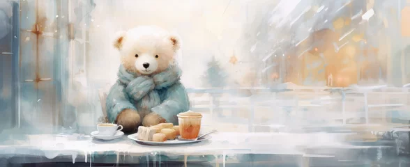 Foto op Aluminium A cute teddy bear in a wollen sweater and scarf, sitting in a cafe having a hot drink and cookies, space, background. © Aperture Eleven