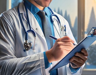 Close up professional  male doctor wearing uniform taking notes in journal, Female doctor holding clipboard and writing something