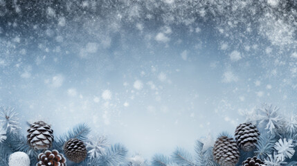 christmas background with snowflakes, fir branches, pinecone , copy space