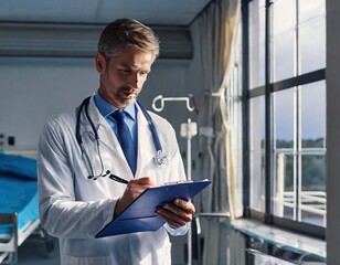 Close up professional  male doctor wearing uniform taking notes in journal, Female doctor holding clipboard and writing something