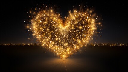 a single, golden firework bursts into a sparkling heart shape against the night sky, radiating love and affection in a breathtaking display.