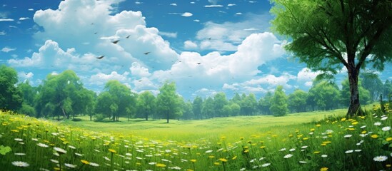 The summer sky painted a picturesque landscape with the lush green grass vibrant spring flowers and...
