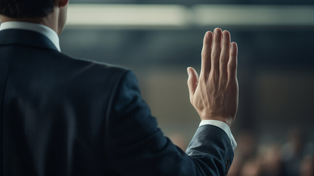 Young male politician raising his hand to swear