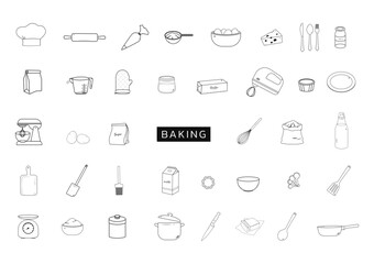 Bakery ingredients and baking tools outline icons