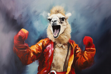 Fototapeta na wymiar Fun lama oil acrylic paint. Animal portrait poster