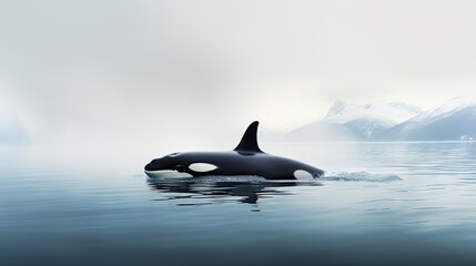  a black and white orca in a body of water with mountains in the background and fog in the air.  generative ai - obrazy, fototapety, plakaty
