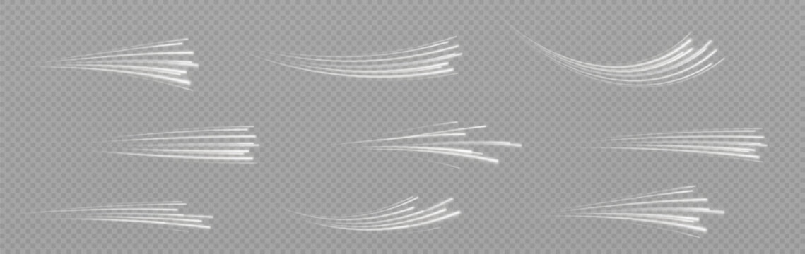  Speed Lines. Background of blue or white speed light lines. Dynamic lights on a dark background. Concept of high speed white speed lines. Vector png.