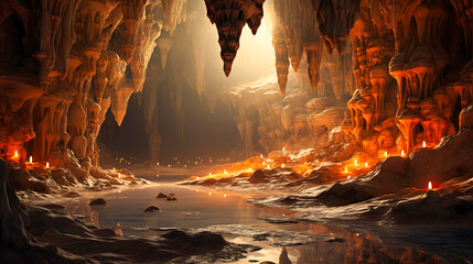 Subterranean cave stalactites, Earth's wonders, Mineral drips with eerie echoes, - obrazy, fototapety, plakaty