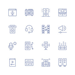 Audio line icon set on transparent background with editable stroke. Containing podcast, speaker, favorite, music, subwoofer, music speaker, speakers, cassette player, headphone, audio, audio control.
