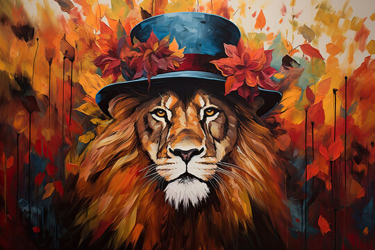 Lion in hat acrulic oil paint. Animal king in suit. Wildlife concept