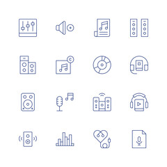 Audio line icon set on transparent background with editable stroke. Containing sound mixer, speaker, music, vinyl record, home cinema, earphone, volume up, audio, audio waves, audio system.