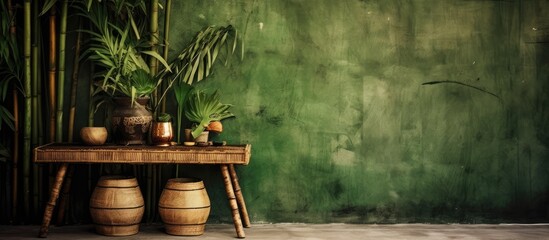 The old wooden table against the grungy wall in the background adds a beautiful tropical touch to the room with its organic bamboo pattern and natural texture creating a jungle inspired dec - obrazy, fototapety, plakaty
