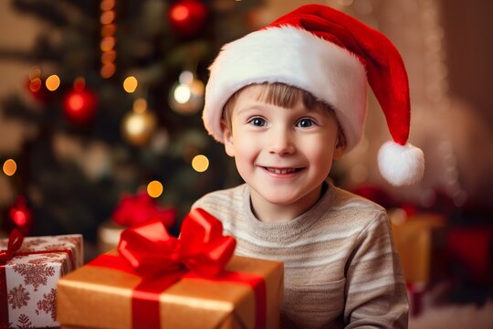 close-up happy little boy with Christmas gifts near Christmas tree at home, beautiful bokeh DOF, free space without image