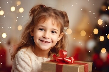 Fototapeta na wymiar close-up happy little girl with Christmas gifts near Christmas tree at home, beautiful bokeh DOF, free space without image