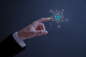 person using Ai technology in his business by artificial intelligence,  smart robot AI, Futuristic technology transformation, using AI technology for making money and running business 