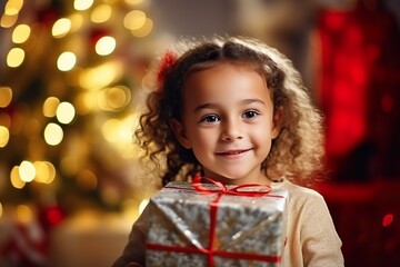 close-up happy little girl with Christmas gifts near Christmas tree at home, beautiful bokeh DOF, free space without image
