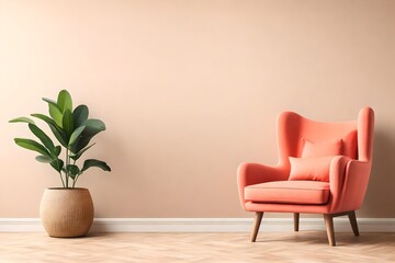 Sophisticated Coral Lounge Chair, Accompanied by a Lush Potted Plant, Set Against a Neutral Beige Wall with Abundant Copy Space.
