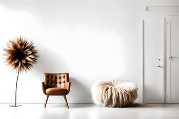 Sophisticated Leather Chair Draped in Luxurious Fur Blanket, Accompanied by an Abstract Decorative Furry Flower, Poised Against a Clean White Wall.
