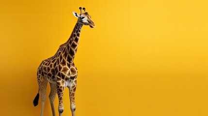  a giraffe standing in front of a yellow wall with it's head turned to the opposite side.  generative ai