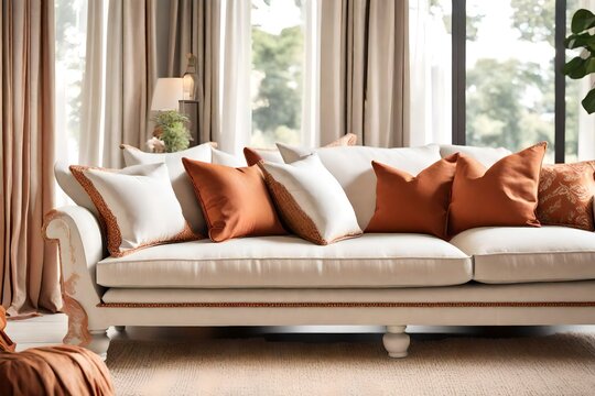 Fabric Sofa Adorned with Elegant White and Terra Cotta Pillows, Embodies the Essence of French Country Charm in a Modern Living Room with Timeless Home Interior Design.