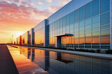 Modern sleek office building factory on reflection puddle road after rain in background of beautiful sky. Work concept of company or building. - obrazy, fototapety, plakaty