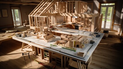 A wooden model of a house being built