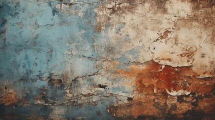 A rusted wall with blue and brown paint