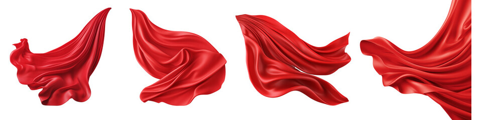 Set of flying 3d red drapery fabric cloth, isolated on transparent background. Generative AI - obrazy, fototapety, plakaty