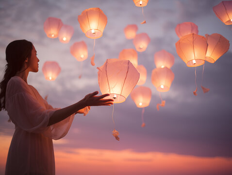 Woman realising a chinese sky lantern during a cloudy day