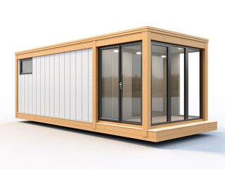 A small house made from a shipping container. Simple design and fast construction method. 3D model illustration.