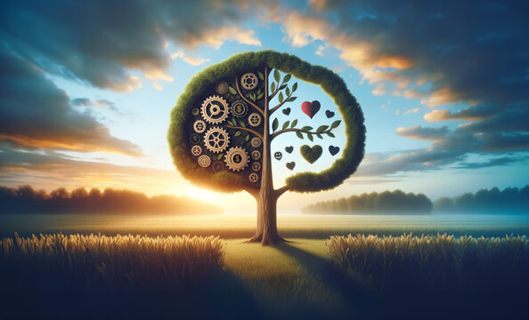 Work life balance. A tree split into work and life sections. Two opposing forces in life. Sunset during golden hour. Clouds in the sky.