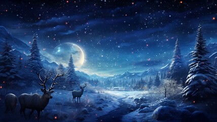 a snowy winter night with a starlit sky, where a glimpse of Santa's sleigh and reindeer can be seen in the distance, evoking the enchantment and wonder of Christmas Eve. - obrazy, fototapety, plakaty